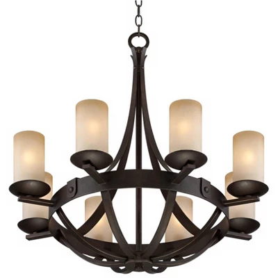 Franklin Iron Works Sperry Bronze Chandelier 28" Wide Rustic Farmhouse Cylinder Scavo Glass Shade 8-Light Fixture For Dining Room House Kitchen Island 7 Franklin Iron Works Sperry Bronze Chandelier 28" Wide Rustic Farmhouse Cylinder Scavo Glass Shade 8-Light Fixture For Dining Room House Kitchen Island - Image 5