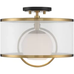Possini Euro Design Carlyn Modern Art Deco Ceiling Light Semi Flush Mount Fixture 14" Wide Warm Brass Black Orb Organza Drum Shade For Bedroom Kitchen -Interior furniture GUEST b636f543 cf37 4ef9 b484 5f095e27f3ef