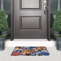 Apache Mills 1'6"x2'6" Recycled Boho Floral Doormat Beige: Outdoor Welcome Mat, Skid-Resistant, UV & Stain-Resistant