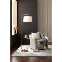 Possini Euro Design Volta Modern Floor Lamps With Tray Tables 66" Tall Set Of 2 Brass USB Charging Port White Drum Shade For Living Room Bedroom House -Interior furniture GUEST bca98a04 f08f 414c b705 3ed4a091d559