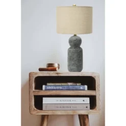 Storied Home 14" Round Stoneware Desk Lamp: Ceramic Office Light, ETL & UL Listed, Linen Shade