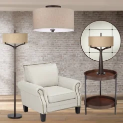 Regency Hill Sylvan Modern Ceiling Light Semi Flush Mount Fixture 14" Wide Bronze 3-Light Oatmeal Fabric Drum Shade For Bedroom Kitchen Living Room -Interior furniture GUEST bf13db88 b0e3 440c 8c47 5d9950a0d8e3