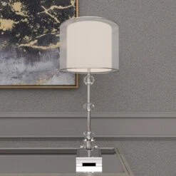 Glass Table Lamp With Drum Shade Silver - Olivia & May -Interior furniture GUEST c5c51c28 2b63 4298 b9fc d2b04e805b96