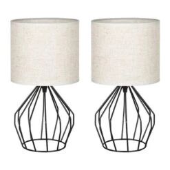 Oumilen Modern Black Bedside Table Lamps, Hollow Base With Fabric Shade, Set Of 2