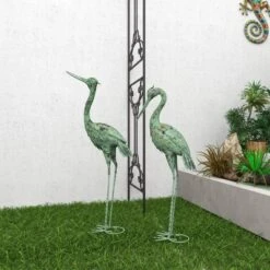 Set Of 2 Iron 47" Coastal Crane Garden Sculpture Green - Olivia & May: Heron Figure, Metal Wire Outdoor Decor -Interior furniture GUEST db86c791 529b 49f7 897c ad05a82da519