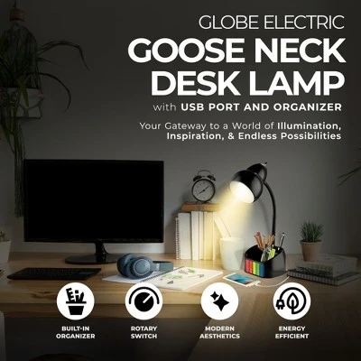 Globe Electric 6.3 X 6.69 X 10.63 Inches Goose Neck Desk Lamp With 10 Watt A-19 Non Dimmable LED Bulb, 2.1a USB Port And Organizer, Black 4 Globe Electric 6.3 X 6.69 X 10.63 Inches Goose Neck Desk Lamp With 10 Watt A-19 Non Dimmable LED Bulb, 2.1a USB Port And Organizer, Black - Image 2