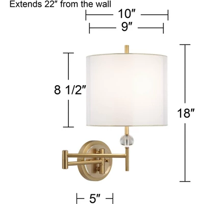 Possini Euro Design Kohle Modern Swing Arm Wall Lamp Polished Brass Plug-in Light Fixture White Inner Sheer Outer Drum Shade For Bedroom Bedside House 10 Possini Euro Design Kohle Modern Swing Arm Wall Lamp Polished Brass Plug-in Light Fixture White Inner Sheer Outer Drum Shade For Bedroom Bedside House - Image 8