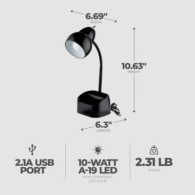 Globe Electric 6.3 X 6.69 X 10.63 Inches Goose Neck Desk Lamp With 10 Watt A-19 Non Dimmable LED Bulb, 2.1a USB Port And Organizer, Black 3 Globe Electric 6.3 X 6.69 X 10.63 Inches Goose Neck Desk Lamp With 10 Watt A-19 Non Dimmable LED Bulb, 2.1a USB Port And Organizer, Black