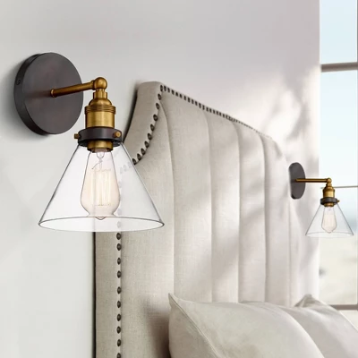 360 Lighting Burke Industrial Modern Wall Light Sconces Set Of 2 Dark Bronze Brass Hardwire 7 1/4" Fixture LED Clear Glass For Bedroom Bathroom Home 3 360 Lighting Burke Industrial Modern Wall Light Sconces Set Of 2 Dark Bronze Brass Hardwire 7 1/4" Fixture LED Clear Glass For Bedroom Bathroom Home