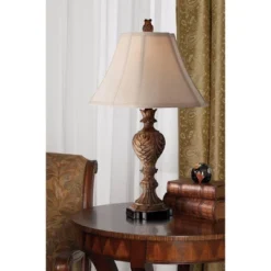 Regency Hill Regio Traditional Table Lamp 25 1/2" High Carved Brown Tan Fabric Square Bell Shade For Bedroom Living Room Bedside Nightstand Office -Interior furniture GUEST e5d19fbc b1d0 4abb 8dd4 e594e8af3373