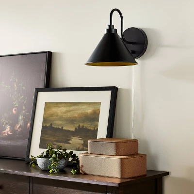 Curved Neck Wall Sconce With Metal Shade Black - Threshold™ Designed With Studio McGee: Modern Plug-In, ETL Listed, Cone-Shape 4 Curved Neck Wall Sconce With Metal Shade Black - Threshold™ Designed With Studio McGee: Modern Plug-In, ETL Listed, Cone-Shape - Image 2