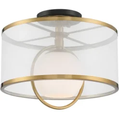Possini Euro Design Carlyn Modern Art Deco Ceiling Light Semi Flush Mount Fixture 14" Wide Warm Brass Black Orb Organza Drum Shade For Bedroom Kitchen -Interior furniture GUEST e6269b9b 9176 4435 9395 c5ba601a29d1