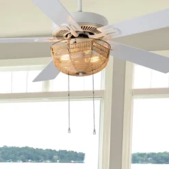 52" 5-Blade LED Rattan Lighted Ceiling Fan Tan: Reversible Motor, Pull Chain - River Of Goods -Interior furniture GUEST e768283b 115b 44bd abce d9665e4b2713
