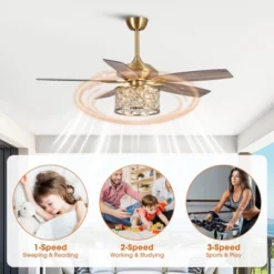Parrot Uncle 52-inch Modern Antique Brass Crystal Ceiling Fan With Lights And Remote