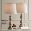 360 Lighting Jordanna 26" High Candlestick Farmhouse Rustic Country Cottage Table Lamps Set Of 2 USB Port White Distressed Finish Living Room Charging